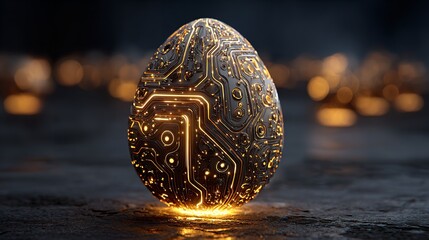 Electronic Circuit Easter Egg with Golden Glow Standing on a Textured Surface