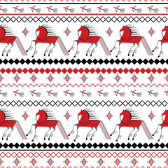 Seamless background with decorative elements of cosmogonic traditional folk of Russia. Mezensky red horse