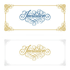 Elegant vintage “Invitation” lettering with decorative flourishes and ornate frame. Hand-drawn calligraphic design in blue and gold variations, perfect for wedding or event stationery.