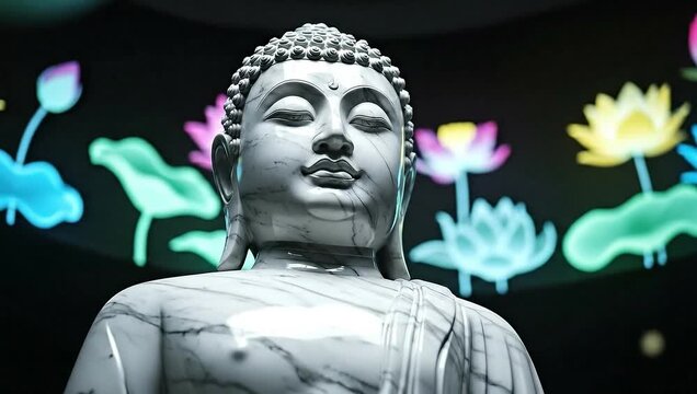 Serene Buddha Statue with Vibrant Lotus Flowers in a Spiritual Setting.