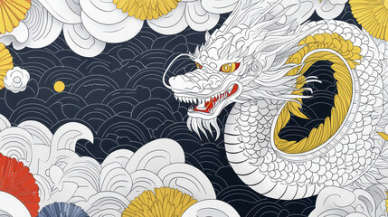 Stunning line art depiction of Japanese dragon dance, featuring intricate details and vibrant colors, evoking sense