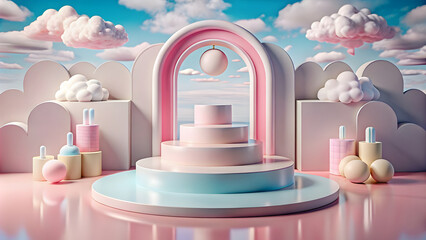 whimsical and colorful scene with a central podium surrounded by various architectural elements and decorative items. 