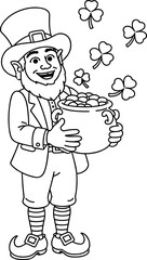 A jolly leprechaun holding a pot full of gold coins surrounded by falling shamrocks a festive symbol of good fortune and Irish heritage perfect for St Patricks Day celebrations and seasonal designs