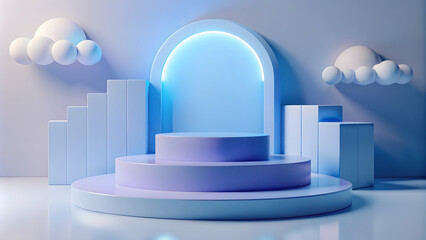Abstract minimal scene with blue round podium. illustration.