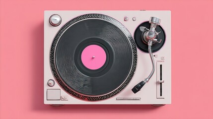 Spinning vinyl record action home setup media equipment retro vibe top view music nostalgia