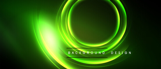 Abstract green neon circles radiate from center. Dark background creates dramatic visual effect. Modern design element.