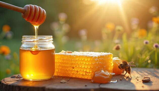 Golden honey pours from wooden dipper into glass jar near fresh honeycomb. Bee on table, wildflowers bloom in sunlit garden background. Natural sweetness, pure goodness concept.