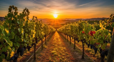 Naklejka premium Golden Sunset Over Lush Vineyard Rows with Ripe Grapes