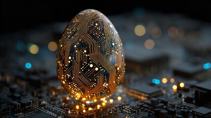 Golden Digital Easter Egg Resting on a Futuristic Circuit Board in the Dark