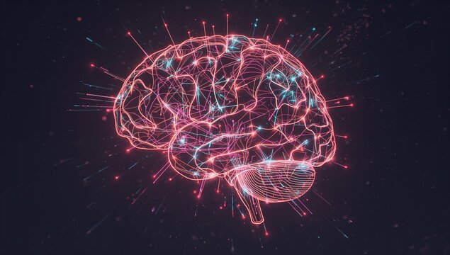Dynamic glowing brain illustration for neuroscience research and advanced technology concepts, showcasing artificial intelligence and cognitive function
