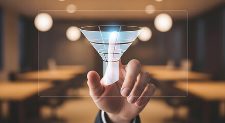 Hands touching digital funnel interface, optimizing sales leads and business processes for growth and efficiency in modern workspace