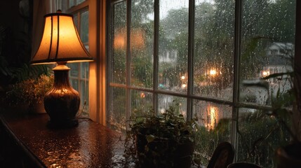 Rainy day scene cozy home interior decor warm lighting window view relaxing atmosphere for tranquility