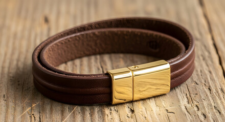Elegant double-wrap brown leather bracelet with a polished gold magnetic clasp rests on rustic wood