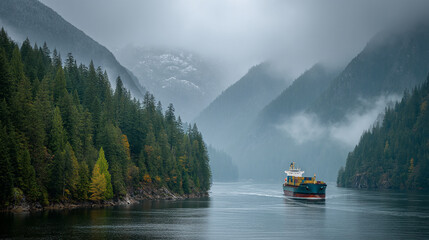 Container ship sailing through a fjord surrounded by forested mountains