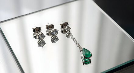Elegant diamond and emerald earrings sparkle on reflective surface, capturing luxury and timeless style for discerning buyers.
