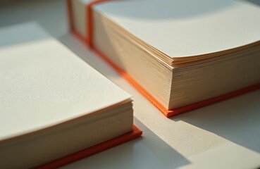 Two books on desk with orange binding. One is closed other open shows paper sheets. Bookbinding studio display. Paper texture visible. Great solution for education promo materials.