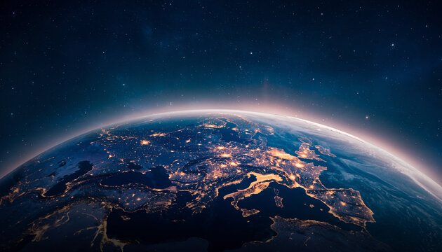 Earth from space at night, showing Europe and the Mediterranean.