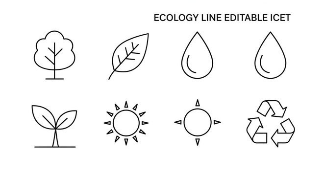 Eco-Friendly Icons: Set of simple line drawings depicting the essence of nature and environmental sustainability. From trees to water droplets and recycling symbols, it embodies ecological values.