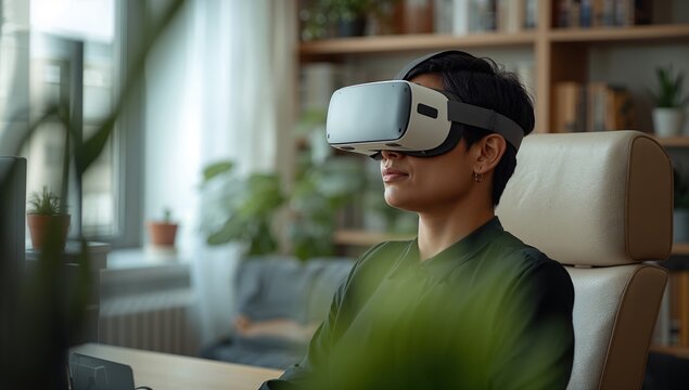 Experience virtual reality at home with a modern VR headset for gaming, education, and immersive entertainment in a stylish, bright space - Powered by Adobe