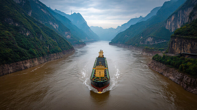 Aerial view of a cargo ship sailing through a river surrounded by mountains