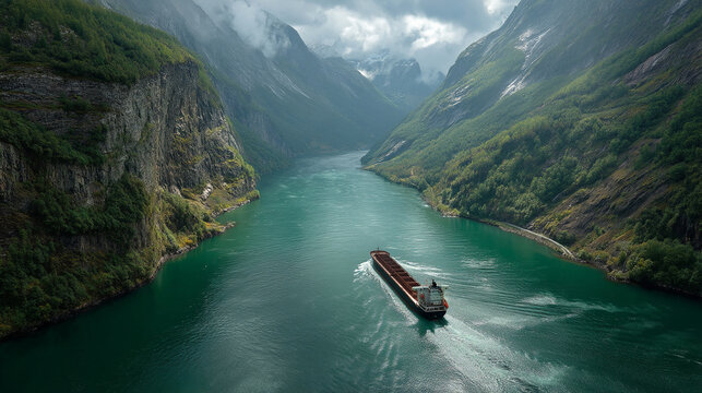 Aerial view of a cargo ship sailing through a fjord surrounded by mountains