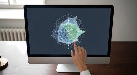 Person's hand interacting with a complex data visualization graph on a modern computer screen, representing analysis and insights.