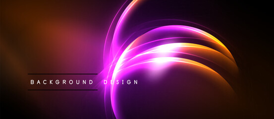 Abstract neon lights create vibrant curves. Dark background emphasizes glowing orange, purple hues. Modern design element.
