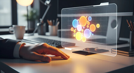 Professional analyst interacting with vibrant holographic data visualization on a modern transparent screen, showcasing innovation and growth.