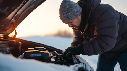 Man wearing a winter coat and a beanie looking under the hood of a car in the snow. The man appears to be fixing a car on a cold winter's day with snow on the ground.