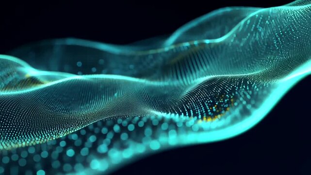 Cyan dots undulate like waves against a dark, out-of-focus background