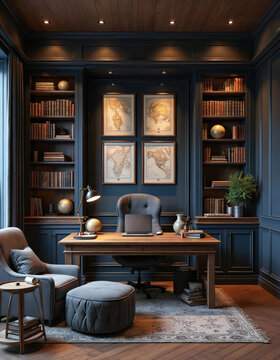 Stylish home office setting with wooden desk bookshelves and comfortable seating. Interior design features globe lamps laptop books maps. The room exudes an atmosphere of comfort and productivity.