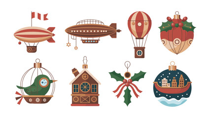 Festive Decorations Collection: A whimsical assortment of holiday ornaments, from ornate zeppelin and hot air balloons to charming birdcages and intricate home-shaped baubles. © Nadim