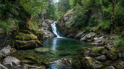 A scenic view of a waterfall cascading into a clear pool surrounded by trees