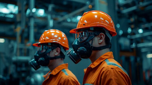 Industrial workers wearing safety helmets and gas masks in factory environment, protective gear concept for health and workplace security
