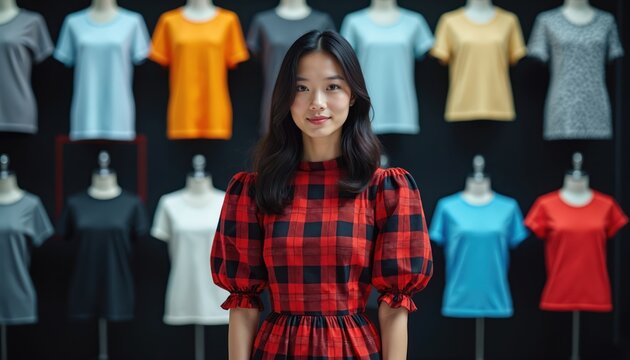 Young woman in red plaid dress stands before wall with t-shirts on mannequins. She looks at camera with smile. Creative fashion designer. Style choices.