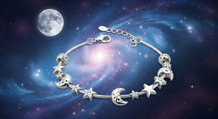 Sparkling celestial bracelet with moon and star charms, floating against a breathtaking galaxy backdrop, perfect for dreamers.