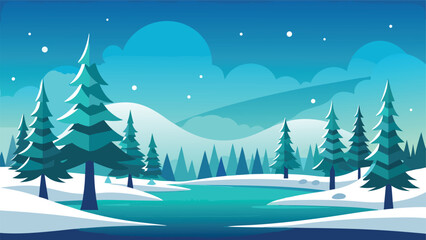 Fototapeta premium Pixel art winter landscape with snow-covered pine trees and a frozen lake under a starry night sky, evoking a serene and magical atmosphere