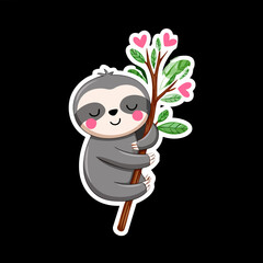 Fototapeta premium Cute Cartoon Sloth Hanging on a Branch with Pink Heart Flowers Illustration