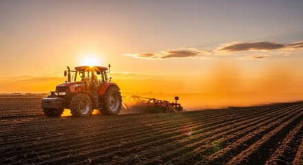 Fototapeta premium Modern Agricultural Tractor Tilling Soil at Golden Sunset