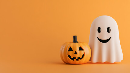 Cheerful Halloween scene: A smiling pumpkin jack-o'-lantern and a friendly ghost stand together against a vibrant orange backdrop, embodying the fun of Halloween season.