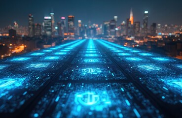 Digital tech grid with city background shows global network communication. Futuristic data stream flows into metropolis. Perfect visual for innovation themes. Cyberpunk concept for business, finance