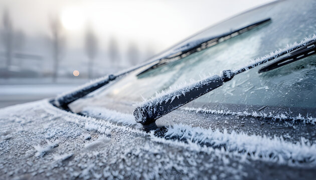 Frozen windshield with snow on a vehicle. Frosted wipers and washer nozzles. Ice-covered automobile surfaces
