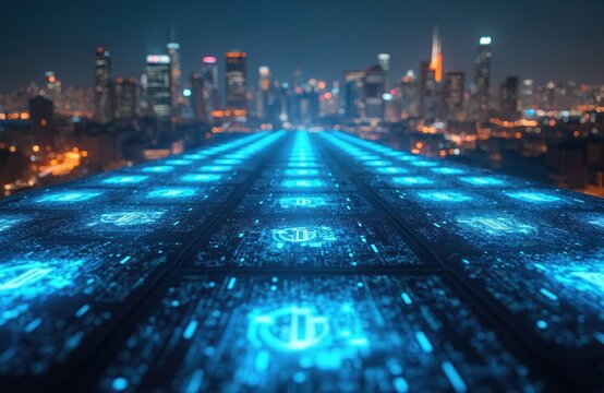 Digital tech grid with city background shows global network communication. Futuristic data stream flows into metropolis. Perfect visual for innovation themes. Cyberpunk concept for business, finance