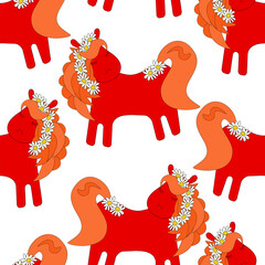 Seamless pattern of a cute red horse cartoon character with a garland of daisies – vector background for packaging, textiles, and paper