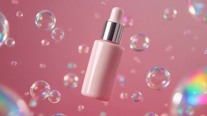 Elegant pink serum bottle floats amidst shimmering iridescent bubbles, promoting beauty.