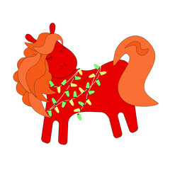A cute cartoon red horse with a red mane and a string of colorful lights. Symbol of 2026 in the Chinese calendar — color vector illustration