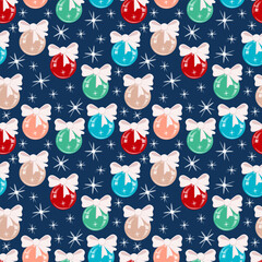 Seamless pattern of multicolored glass Christmas tree balls with bows on a blue background - colorful Christmas vector background for packaging, textiles, and paper