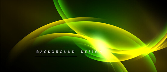 Abstract glowing lines create dynamic composition. Green, yellow hues dominate dark background. Modern design element.