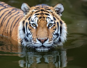 Fototapeta premium Close Up of Bengal Tiger in Water with Detailed Reflection Alertly Staring with Yellow Eyes Feline Predator Cooling Down Portrait Orange Black Stripes in the Wilderness Focus