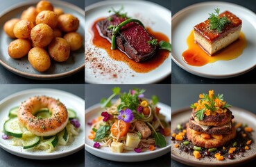 Collage showcases gourmet bush food meals. Dishes contain fresh herbs edible flowers, native Australian ingredients. Creative dishes offer tasting tucker with flavouring, salad, vegetable, meat, fish.